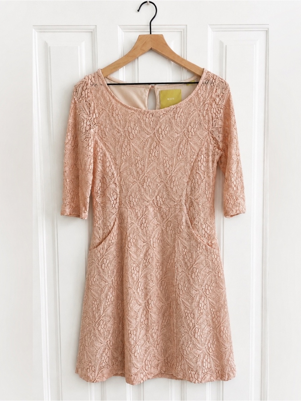 Anthropologie Maeve Blush Pink Floral Lace Fit & Flare Lefkara Dress size small